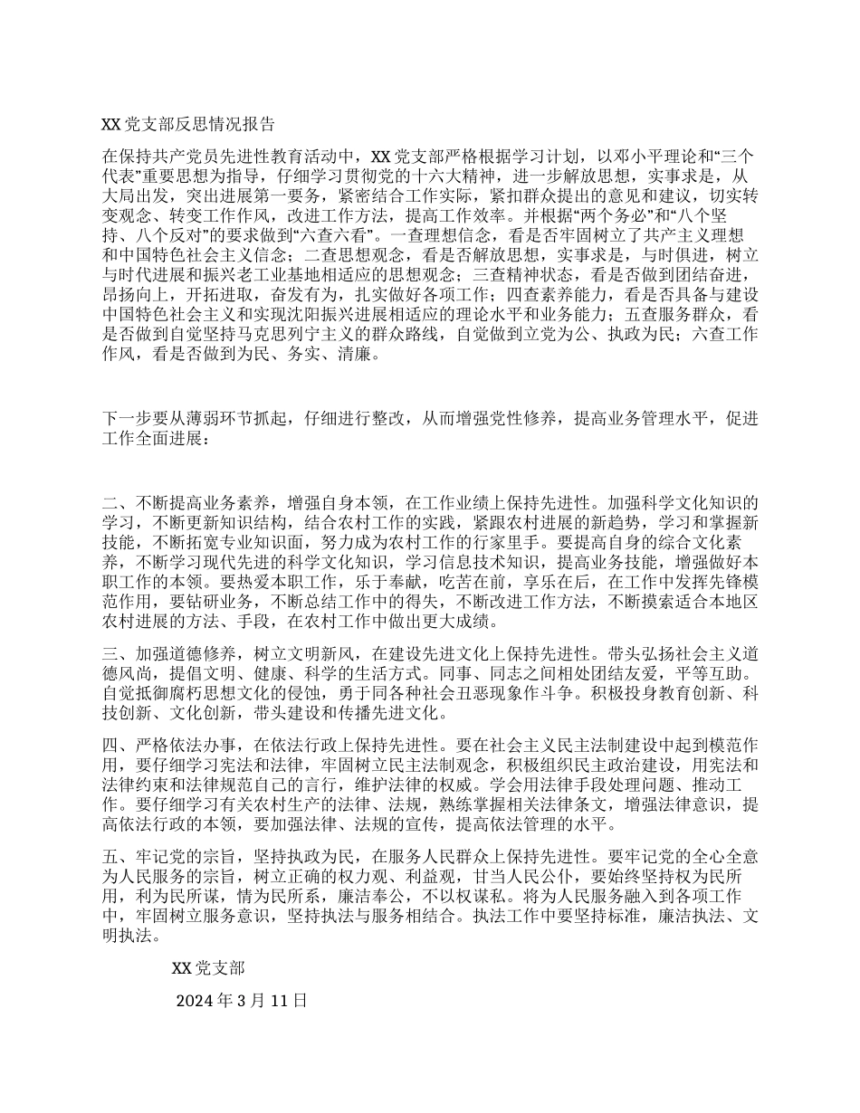 保持共产党员先进性教育活动XX党支部反思情况报告_第1页