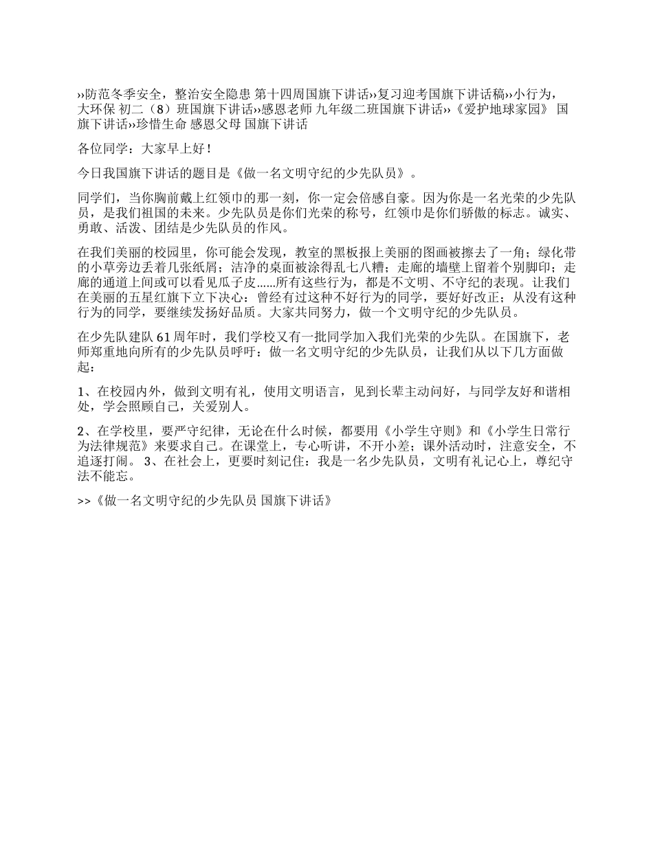 做一名文明守纪的少先队员国旗下讲话_第1页