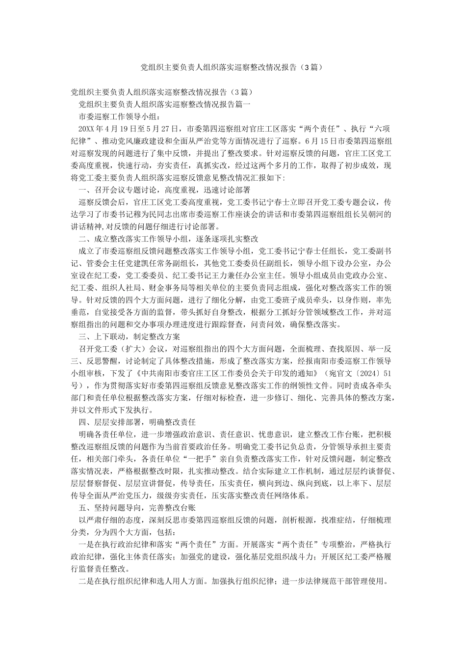 党组织主要负责人组织落实巡察整改情况报告_第1页