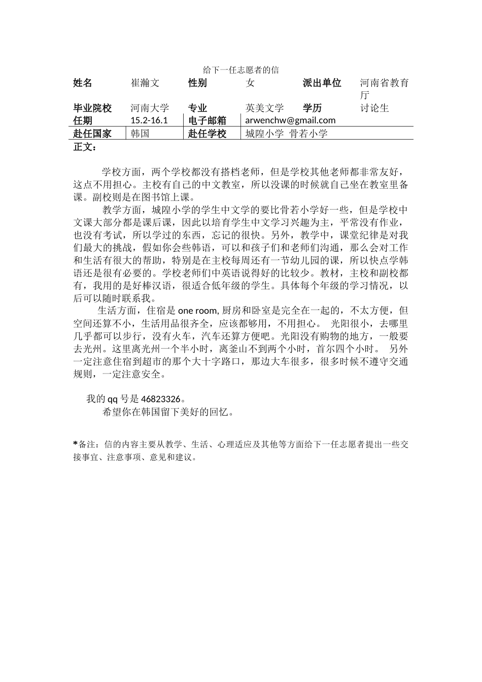 全南-城隍小学-崔瀚文-给下一任志愿者的信_第1页