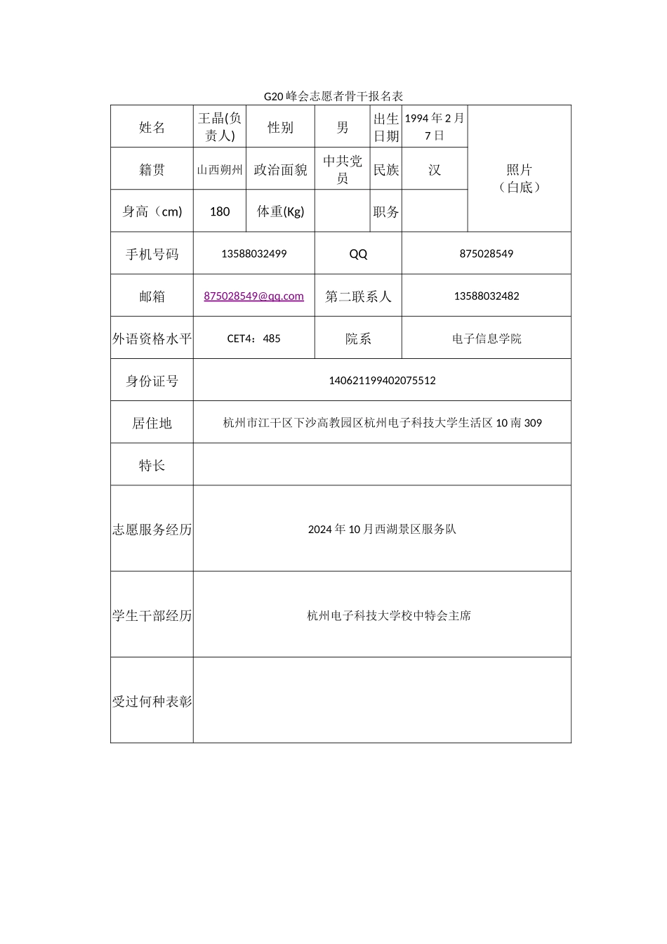 八大组织骨干志愿者报名表_第1页