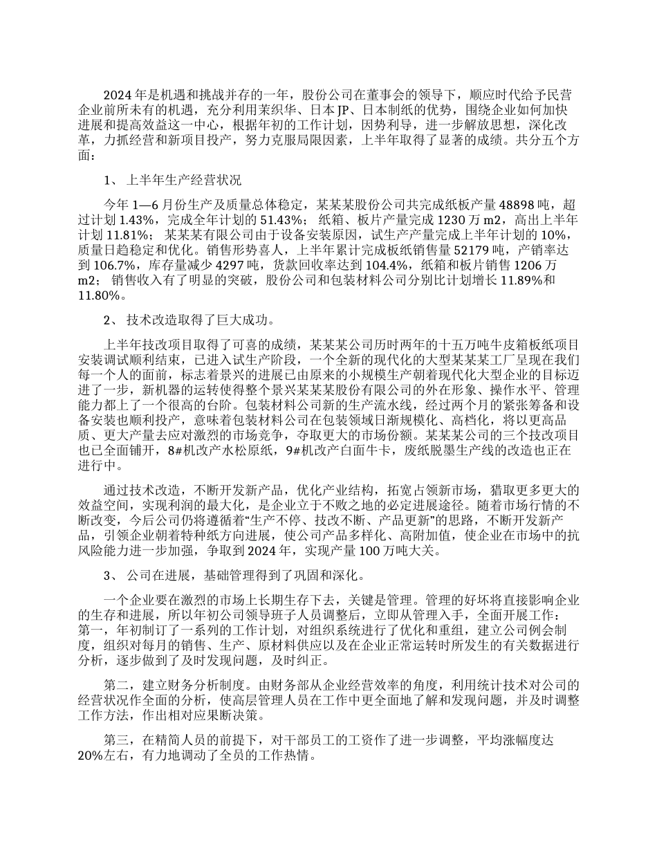 公司2024年上半年生产经营总结_第1页