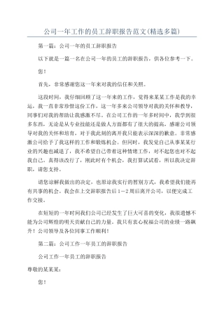 公司一年工作的员工辞职报告范文