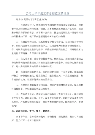 公司上半年度工作总结范文及计划