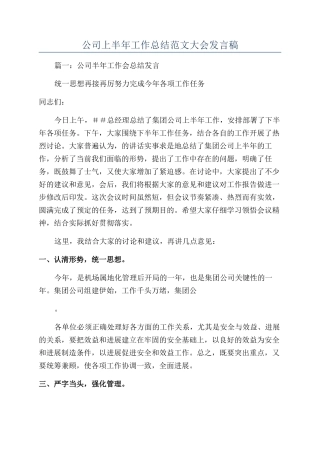 公司上半年工作总结范文大会发言稿
