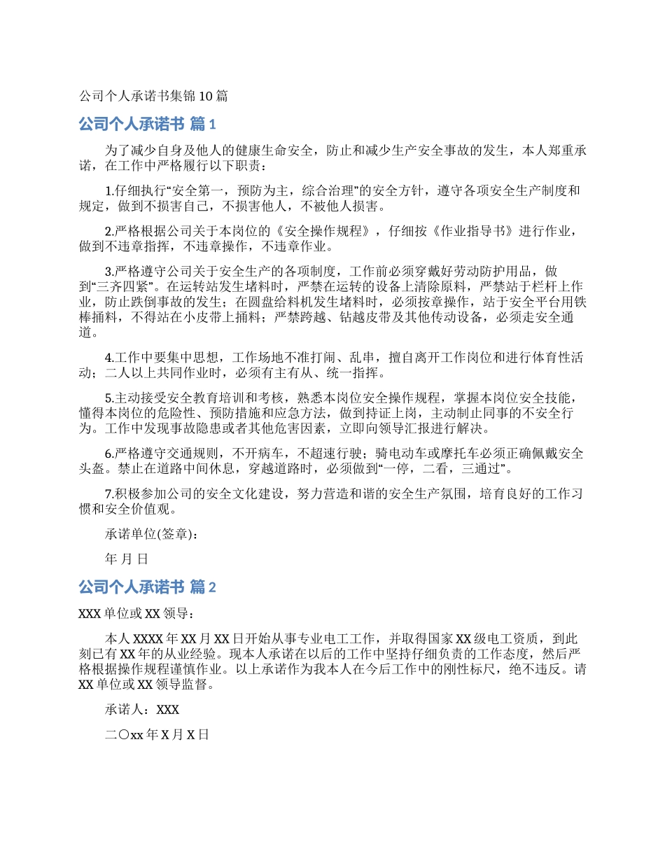公司个人承诺书集锦10篇_第1页