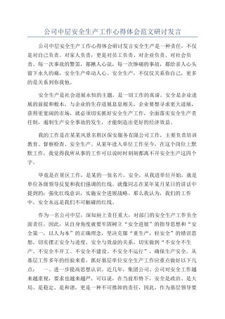 公司中层安全生产工作心得体会范文研讨发言