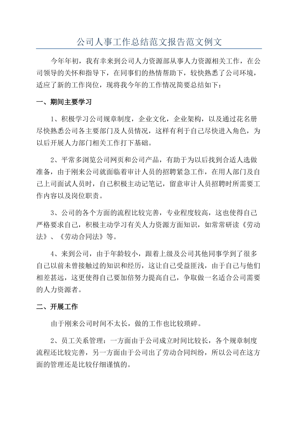 公司人事工作总结范文报告范文例文_第1页