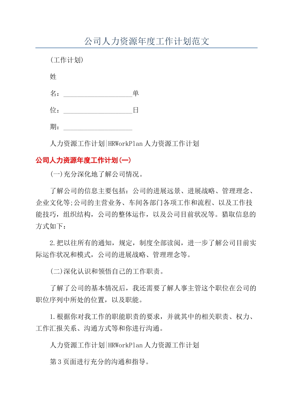 公司人力资源年度工作计划范文_第1页
