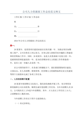 公司人力资源部工作总结范文例文