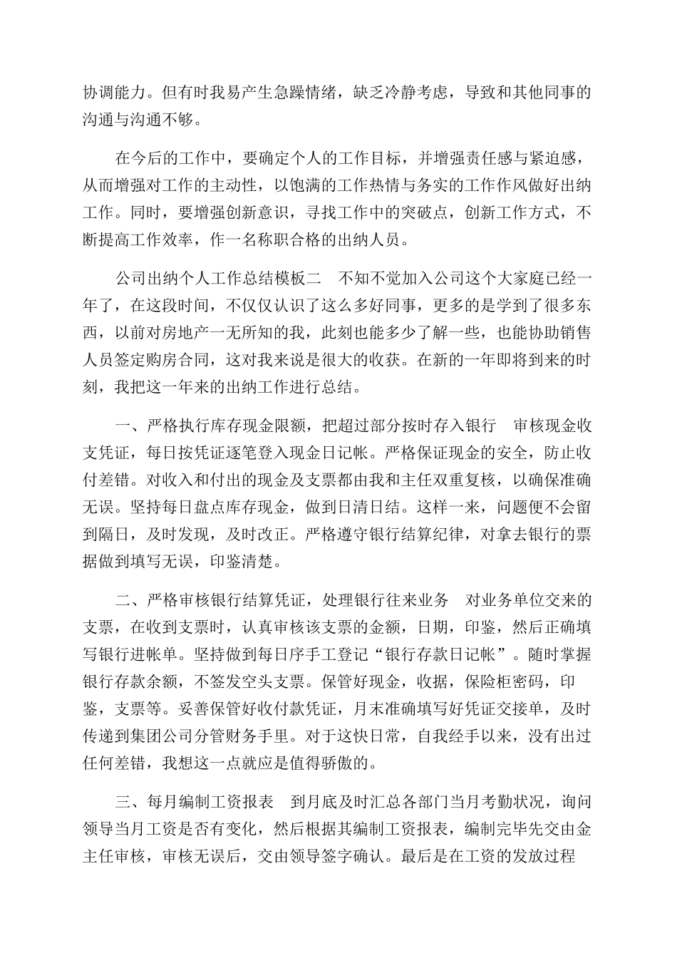 公司出纳个人工作总结范文模板合集_第2页