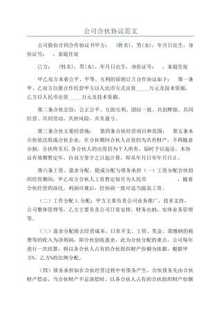 公司合伙协议范文