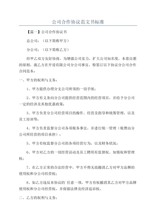 公司合作协议范文书标准
