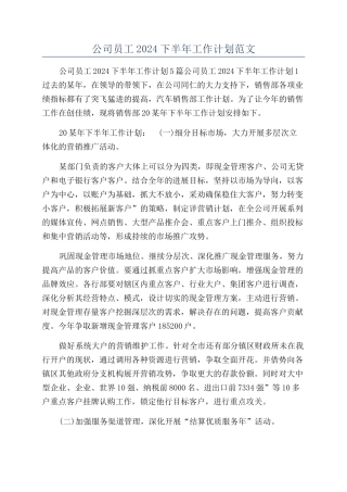 公司员工2024下半年工作计划范文