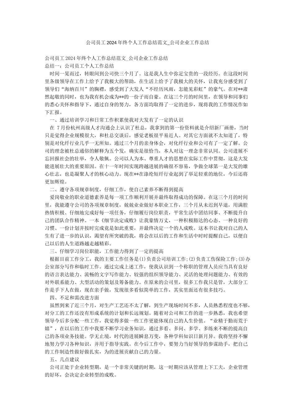 公司员工2024年终个人工作总结范文-公司企业工作总结_第1页