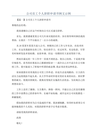 公司员工个人辞职申请书例文示例