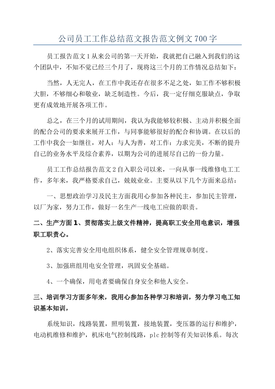 公司员工工作总结范文报告范文例文700字_第1页