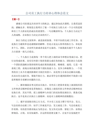 公司员工执行力培训心得体会范文