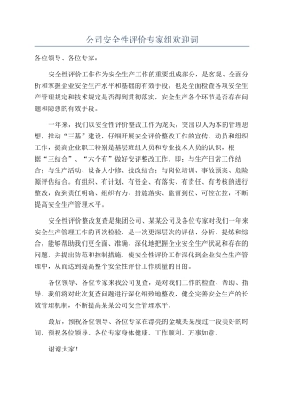 公司安全性评价专家组欢迎词