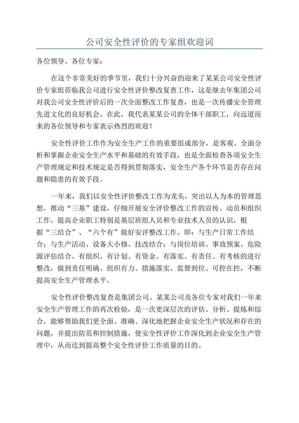 公司安全性评价的专家组欢迎词_第1页