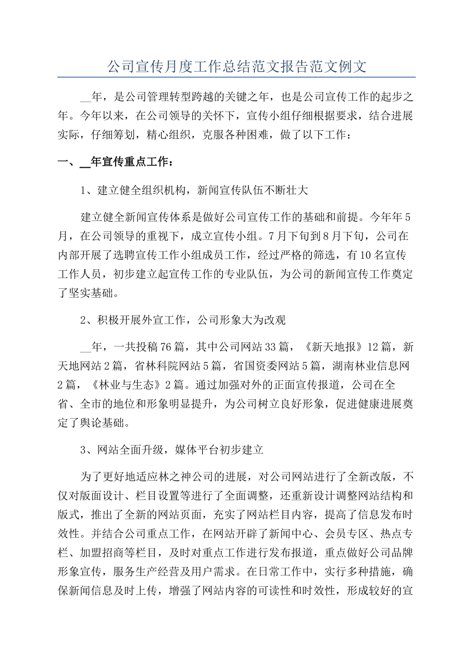 公司宣传月度工作总结范文报告范文例文_第1页