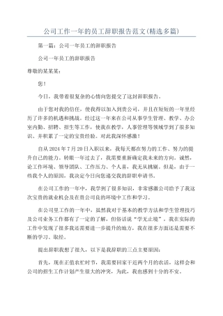 公司工作一年的员工辞职报告范文