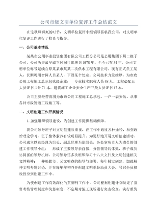 公司市级文明单位复评工作总结范文