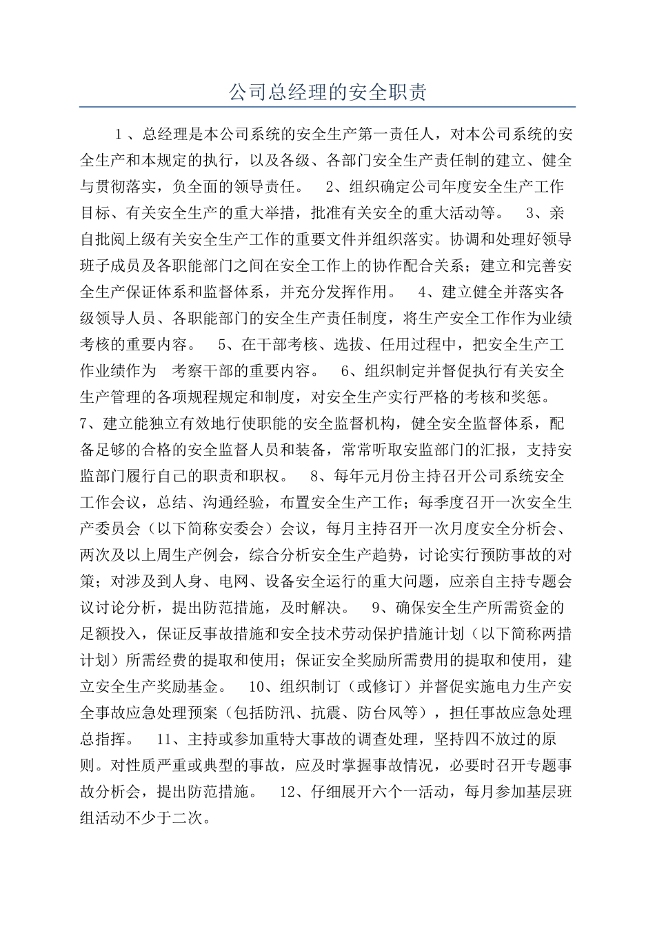 公司总经理的安全职责_第1页