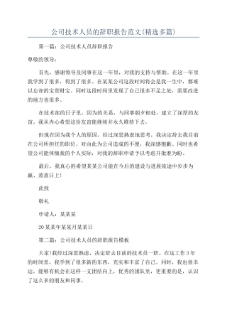 公司技术人员的辞职报告范文