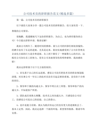 公司技术员的辞职报告范文
