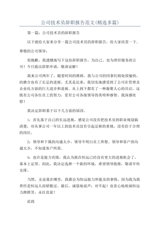 公司技术员辞职报告范文