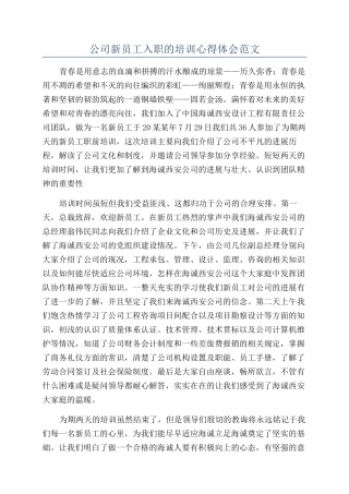 公司新员工入职的培训心得体会范文