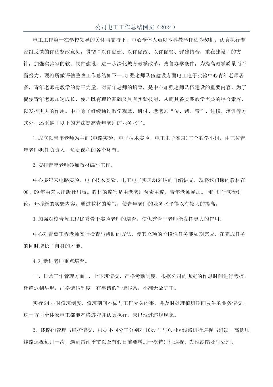 公司电工工作总结例文（2024）_第1页