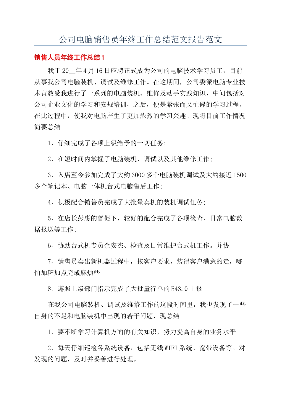 公司电脑销售员年终工作总结范文报告范文_第1页
