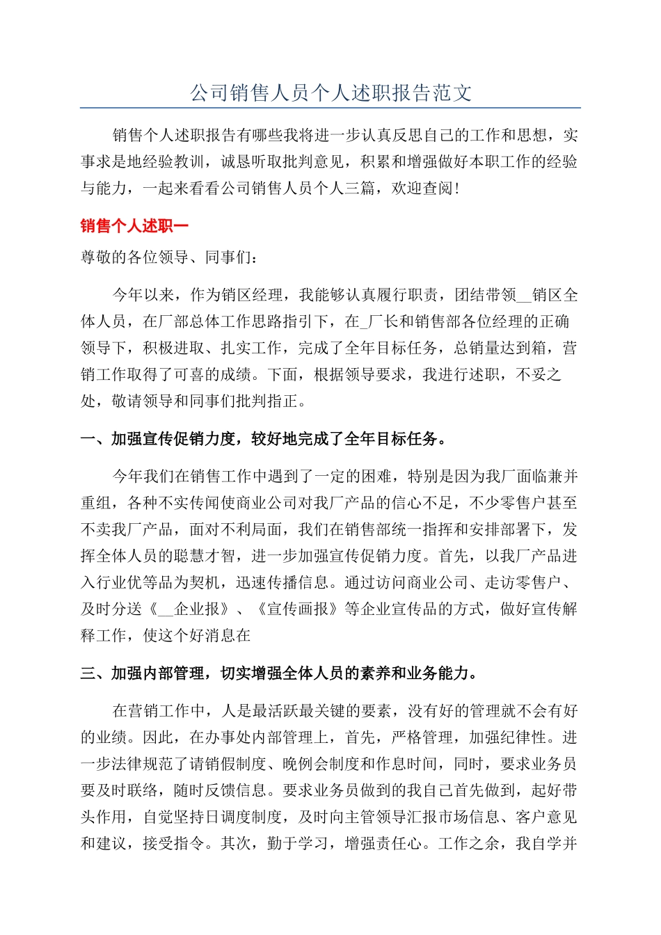 公司销售人员个人述职报告范文_第1页