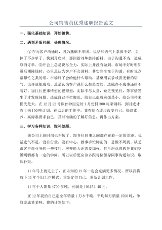公司销售员优秀述职报告范文