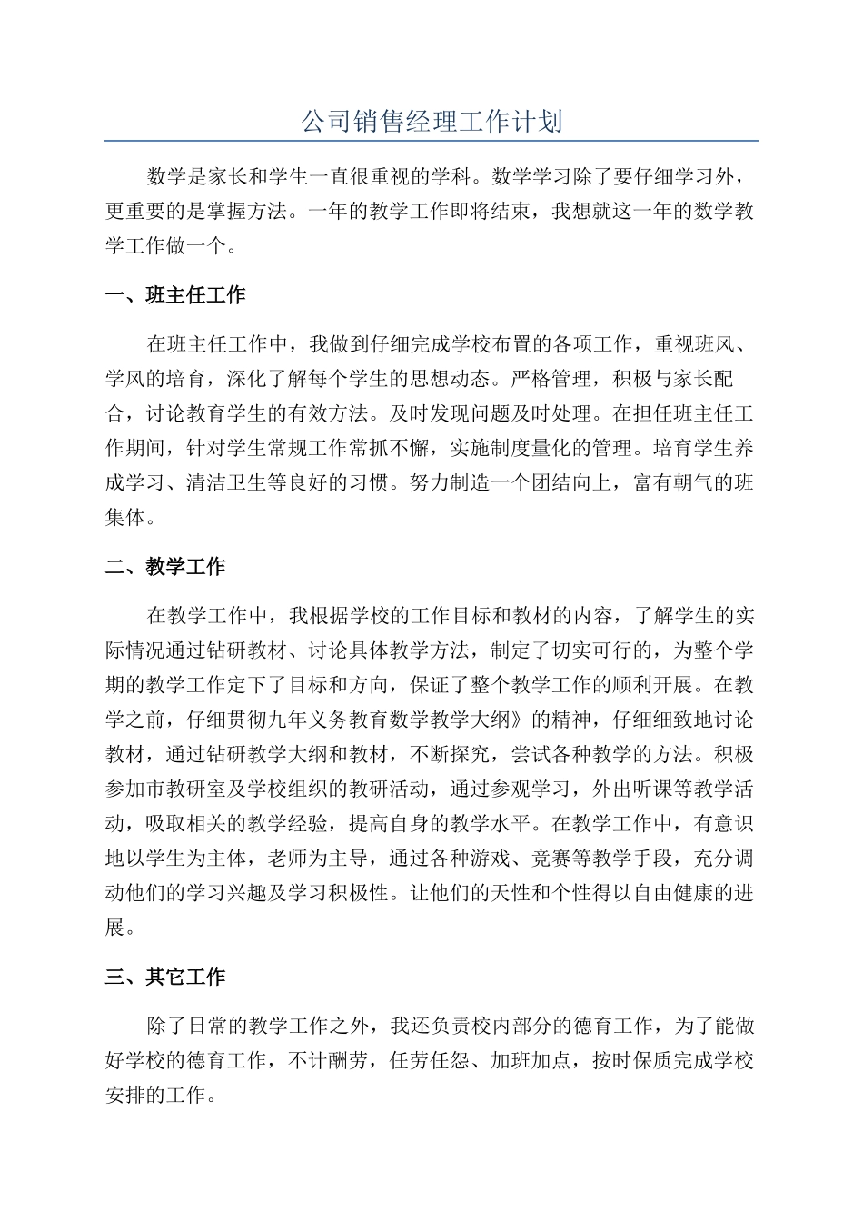 公司销售经理工作计划_第1页