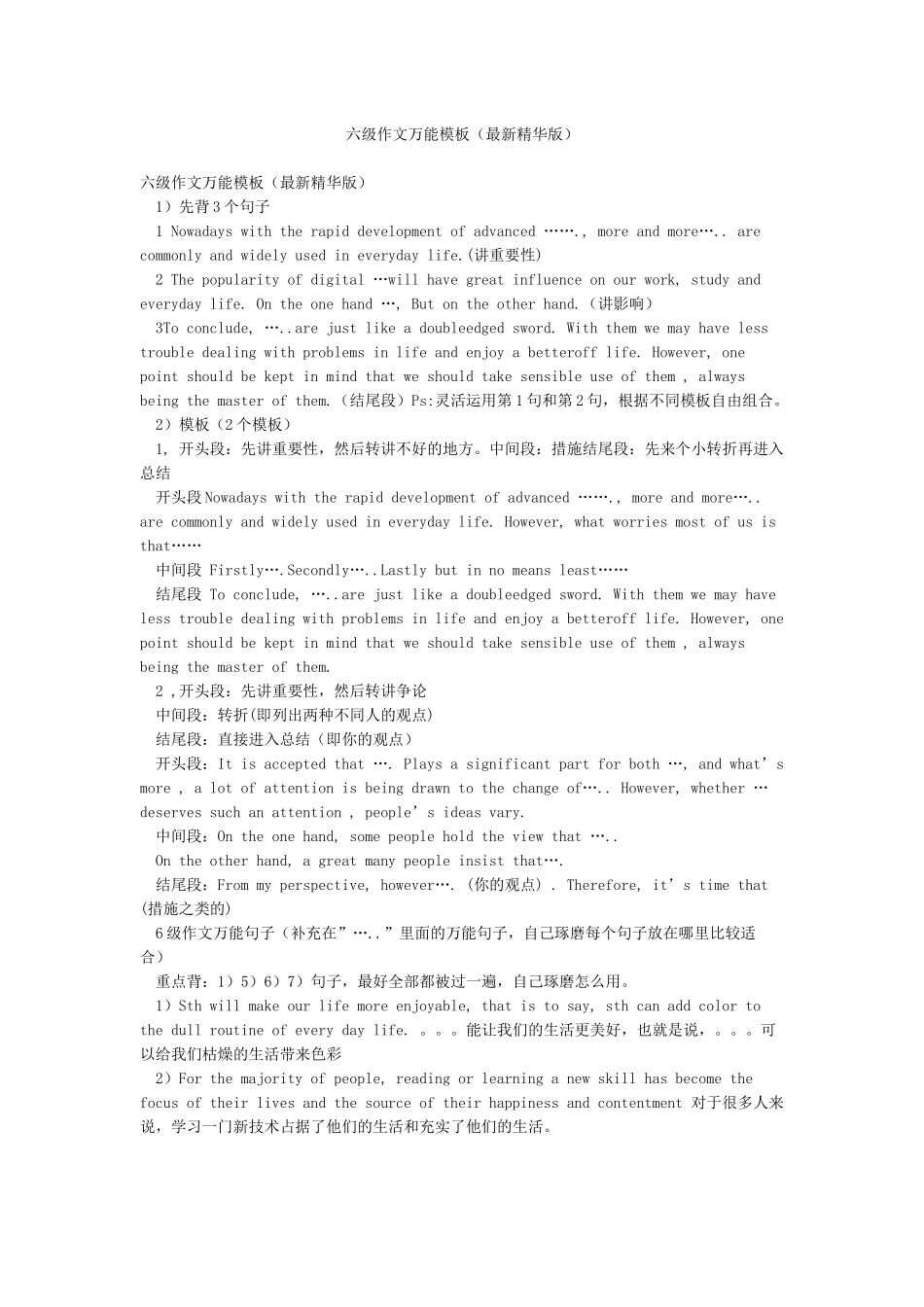 六级作文万能模板(最新精华版)_第1页