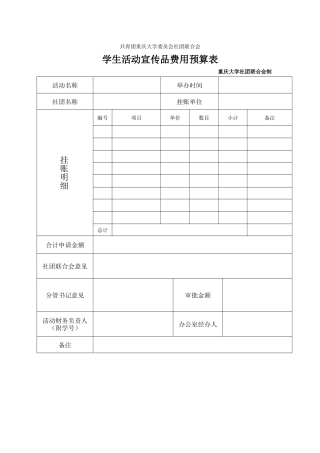 共青团重庆大学委员会学生活动宣传品费用预算表