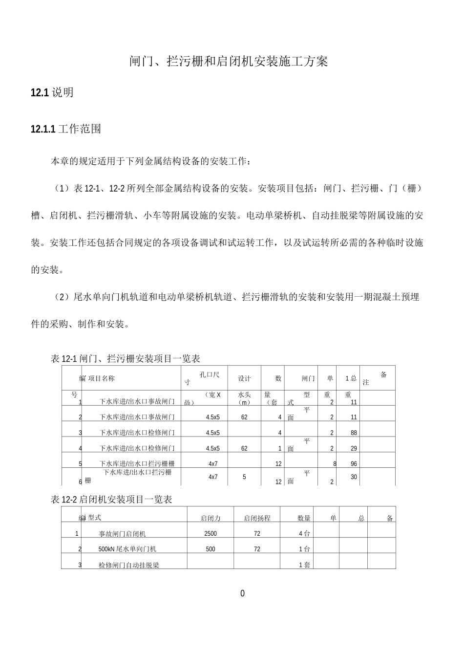 闸门、拦污栅、启闭机等金属结构安装施工方案_第1页