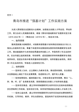 青岛市推进“强基计划”工作实施方案