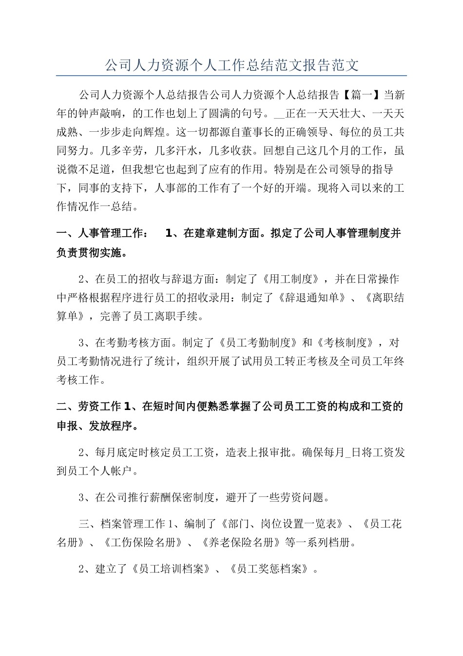 公司人力资源个人工作总结范文报告范文_第1页