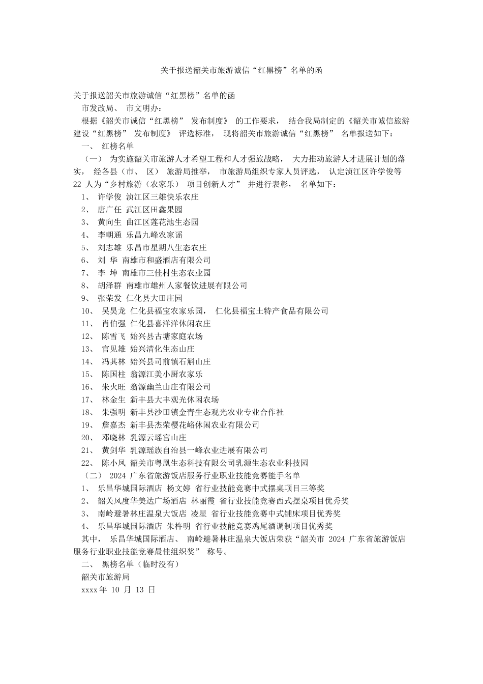 关于报送韶关市旅游诚信“红黑榜”名单的函_第1页