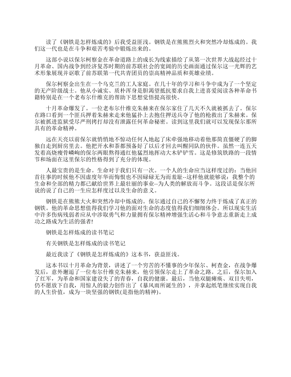 关于钢铁是怎样炼成的阅读笔记_第1页