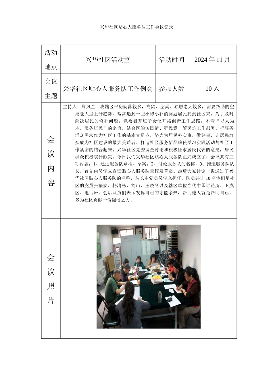 兴华社区贴心人服务队工作会议记录_第1页