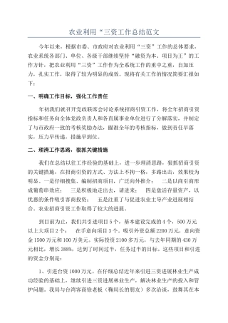 农业利用“三资工作总结范文