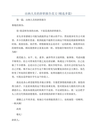 出纳人员的辞职报告范文