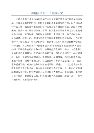 出纳员全年工作总结范文