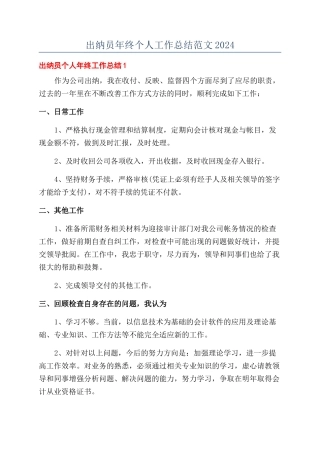 出纳员年终个人工作总结范文2024