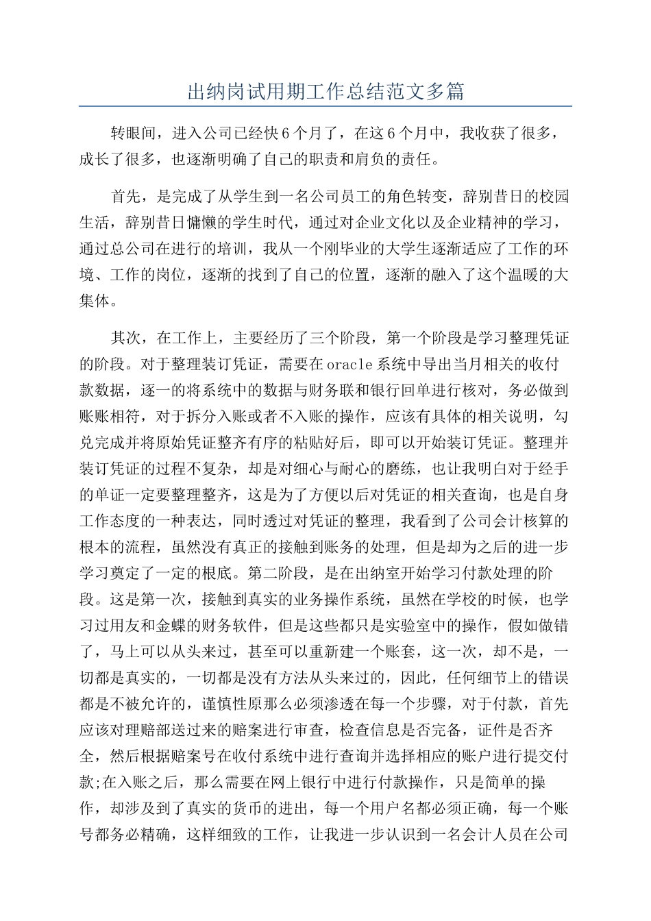 出纳岗试用期工作总结范文多篇_第1页